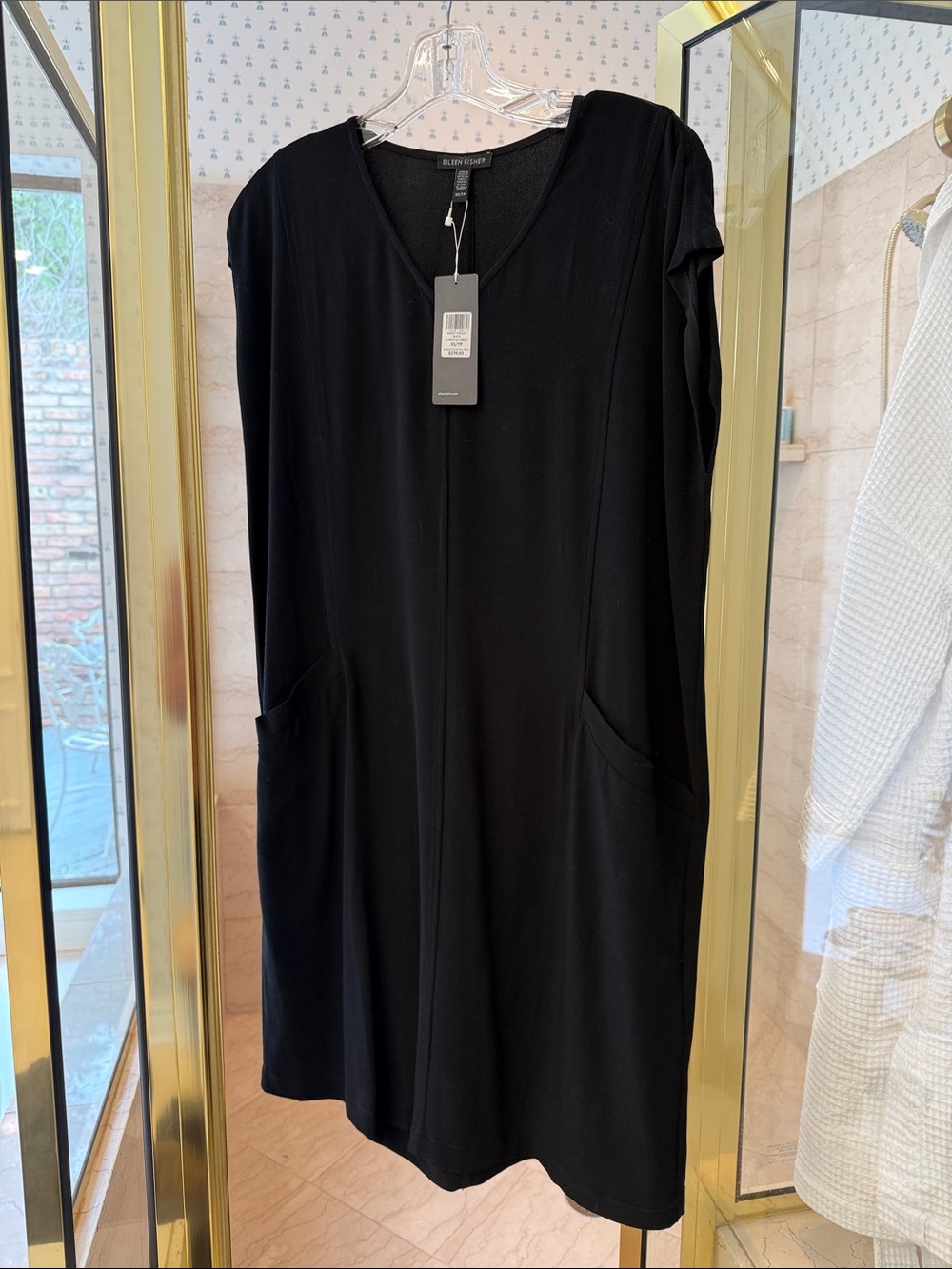 Eileen Fisher Black V-Neck Pocket Dress with matching Jacket featuring3/4 sleeve